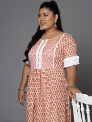Women Plus Size Pink & Cream-Coloured Ethnic Motifs Printed Kurta - Inddus.com