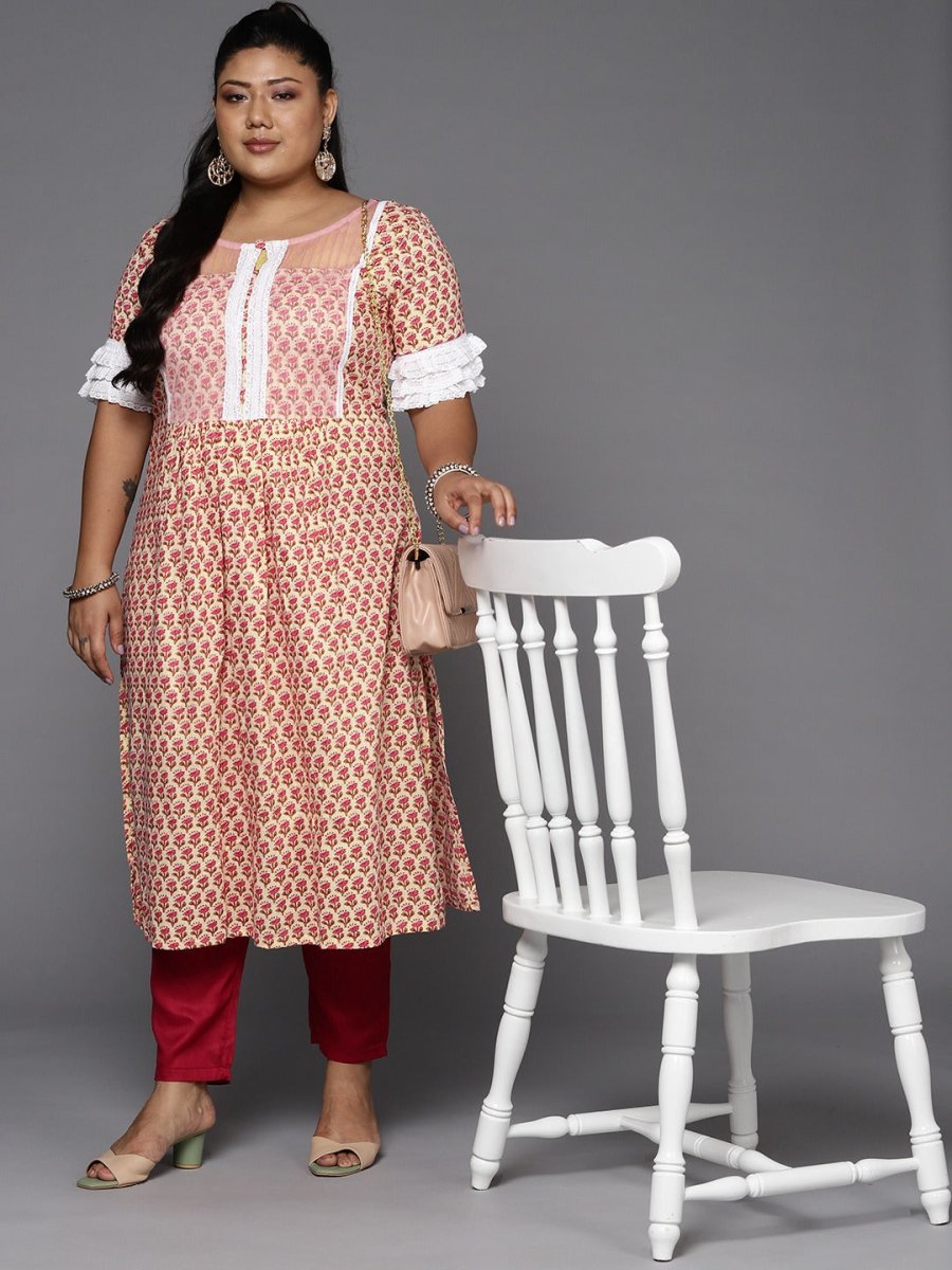 Women Plus Size Pink & Cream-Coloured Ethnic Motifs Printed Kurta - Inddus.com