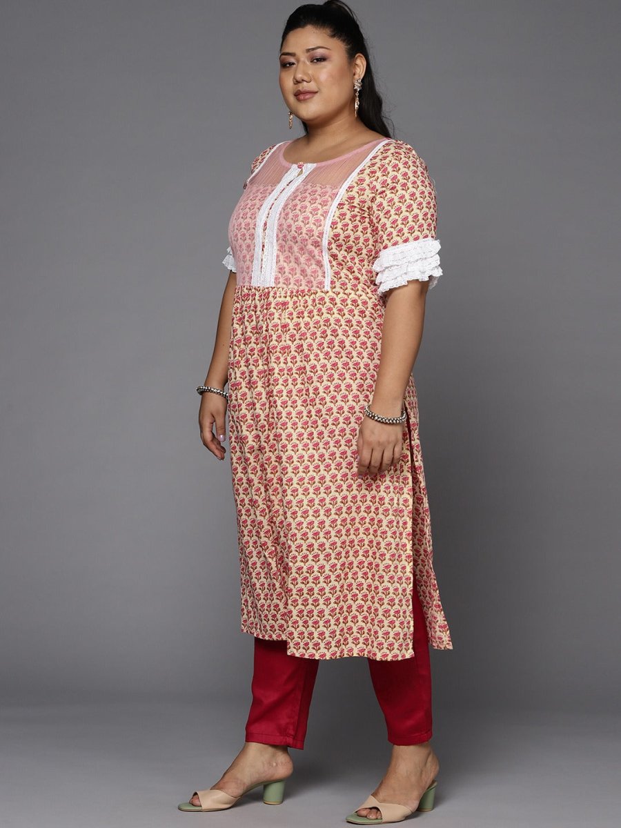 Women Plus Size Pink & Cream-Coloured Ethnic Motifs Printed Kurta - Inddus.com