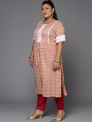 Women Plus Size Pink & Cream-Coloured Ethnic Motifs Printed Kurta - Inddus.com