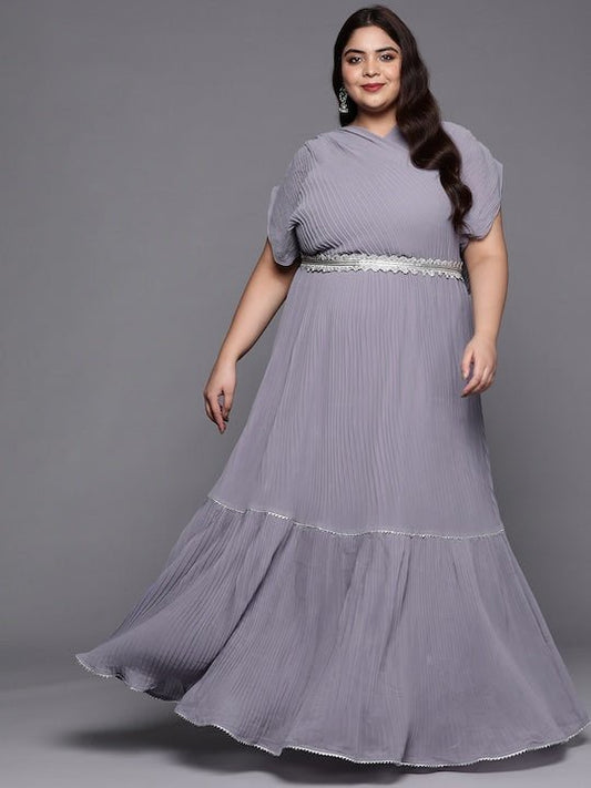 Women Plus Size Solid Pleated Belted Maxi Dress - Inddus.com