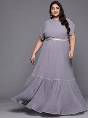 Women Plus Size Solid Pleated Belted Maxi Dress - Inddus.com
