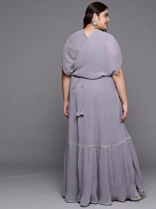 Women Plus Size Solid Pleated Belted Maxi Dress - Inddus.com