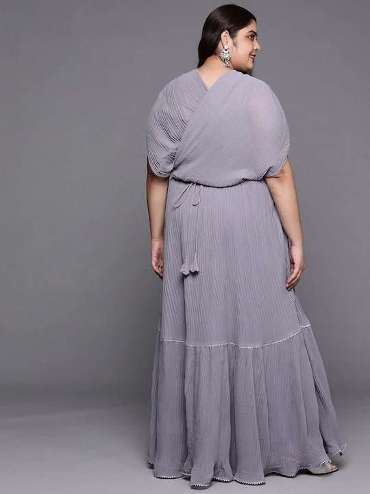 Women Plus Size Solid Pleated Belted Maxi Dress - Inddus.com