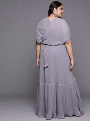 Women Plus Size Solid Pleated Belted Maxi Dress - Inddus.com