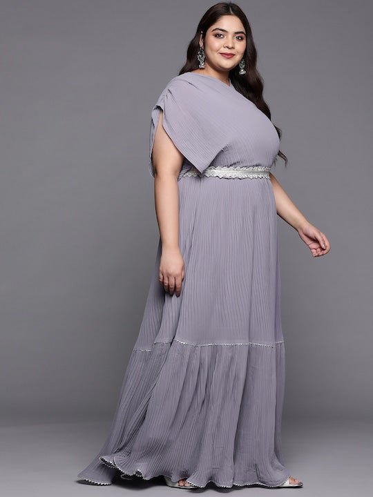 Women Plus Size Solid Pleated Belted Maxi Dress - Inddus.com