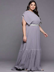 Women Plus Size Solid Pleated Belted Maxi Dress - Inddus.com
