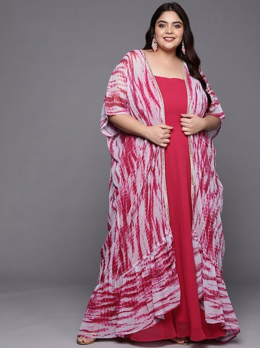 Women Plus Size Solid Shoulder Straps Maxi Dress with Tie & Dye Jacket & Belt - Inddus.com