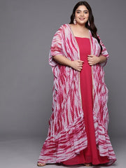 Women Plus Size Solid Shoulder Straps Maxi Dress with Tie & Dye Jacket & Belt - Inddus.com