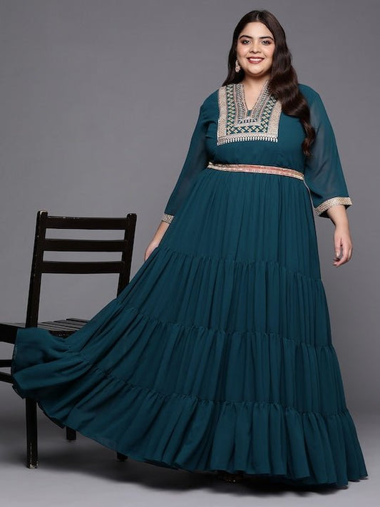 Women Plus Size Yoke Design Embroidered Ethnic Maxi Gown - Inddus.com