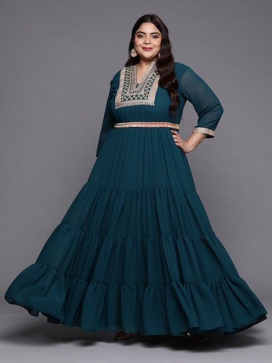 Women Plus Size Yoke Design Embroidered Ethnic Maxi Gown - Inddus.com