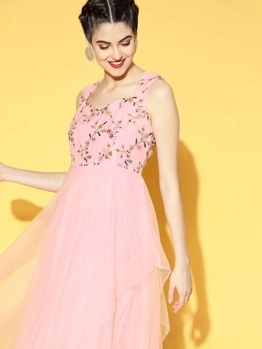 Women Pretty Pink Floral Embroidered Festive Gown - Inddus.com