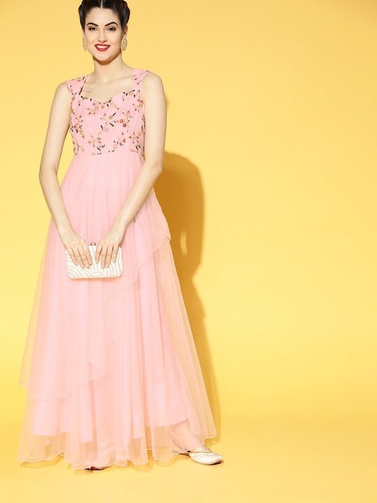 Women Pretty Pink Floral Embroidered Festive Gown Inddus