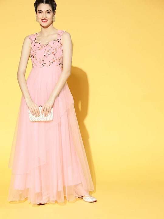 Women Pretty Pink Floral Embroidered Festive Gown - Inddus.com