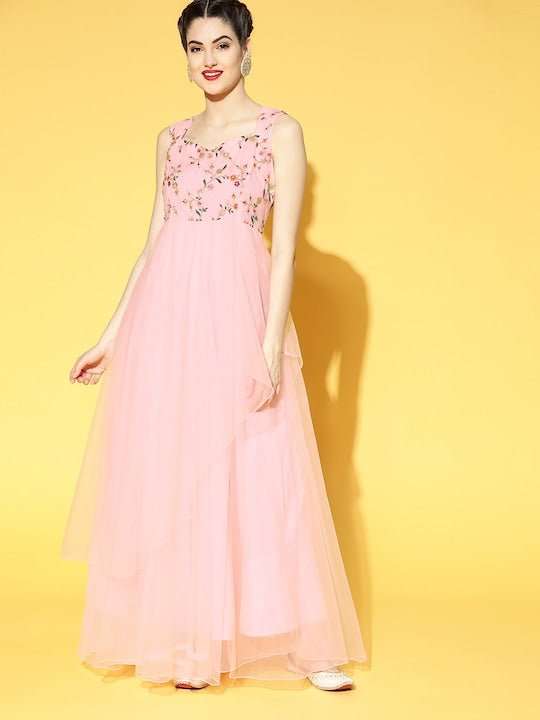 Women Pretty Pink Floral Embroidered Festive Gown - Inddus.com