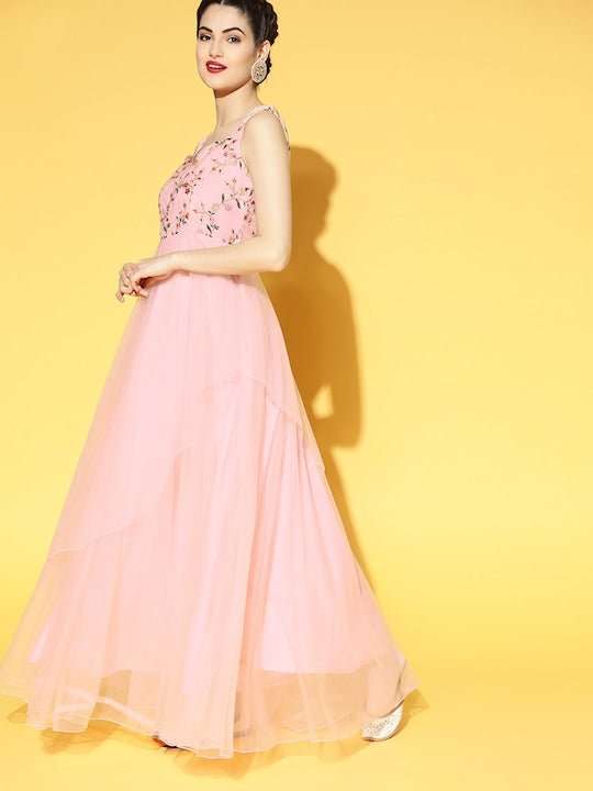 Women Pretty Pink Floral Embroidered Festive Gown - Inddus.com