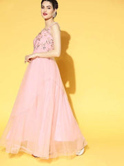 Women Pretty Pink Floral Embroidered Festive Gown - Inddus.com