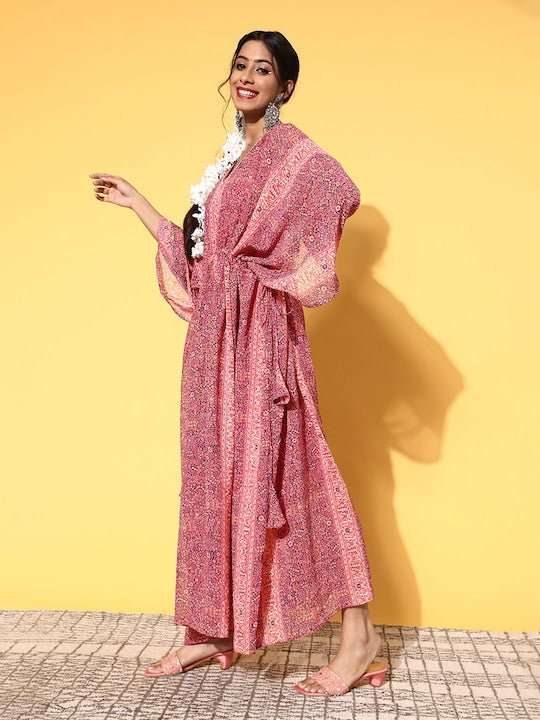Women Pretty Pink Polyester Adjustable Waistline Ethnic Dress - Inddus.com