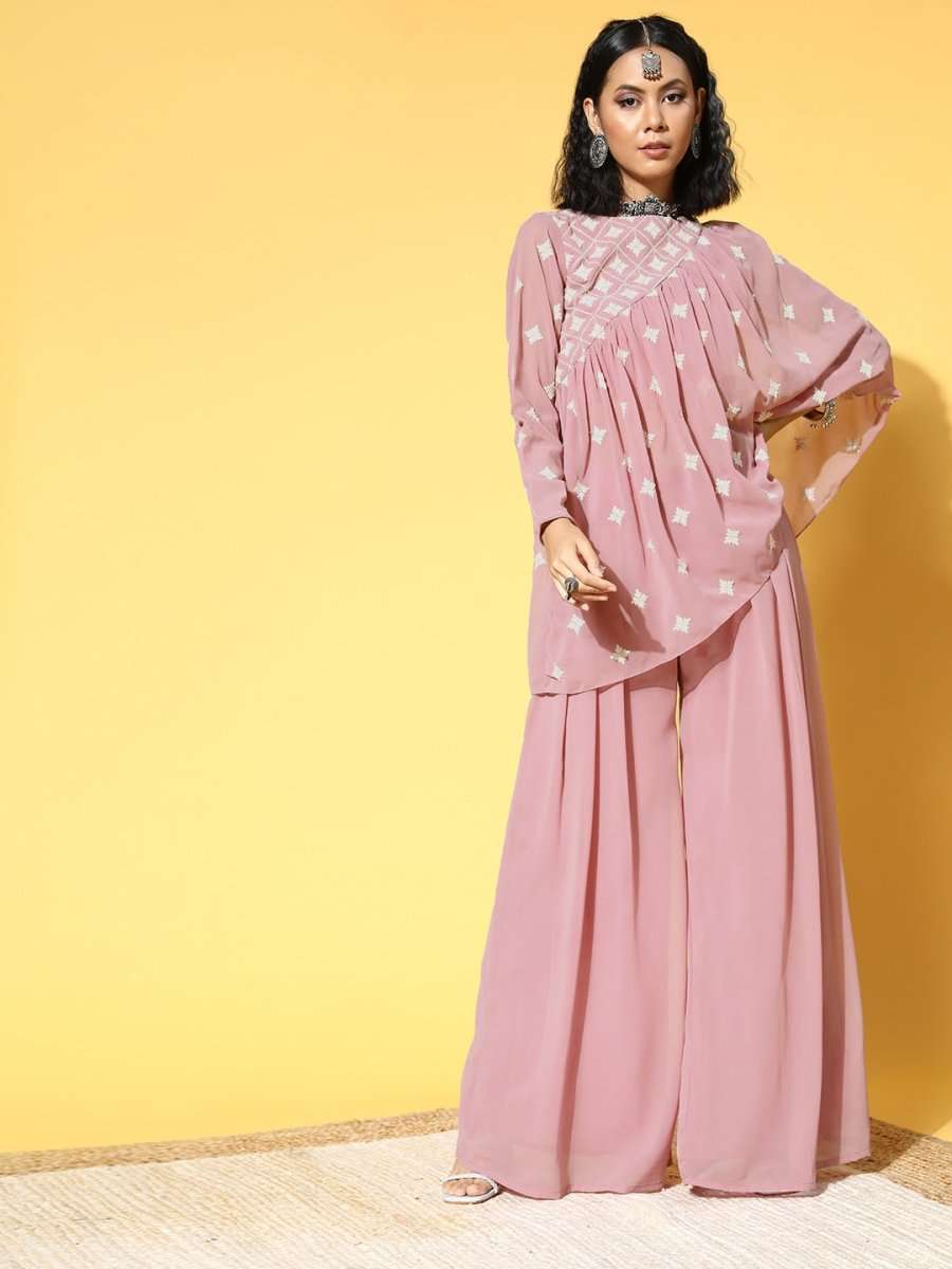 Women Pretty Pink Printed Top With Solid Palazzos - Inddus.com
