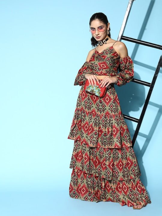 Women Printed Ruffles & Flounces Top With Skirt - Inddus.com