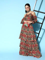 Women Printed Ruffles & Flounces Top With Skirt - Inddus.com