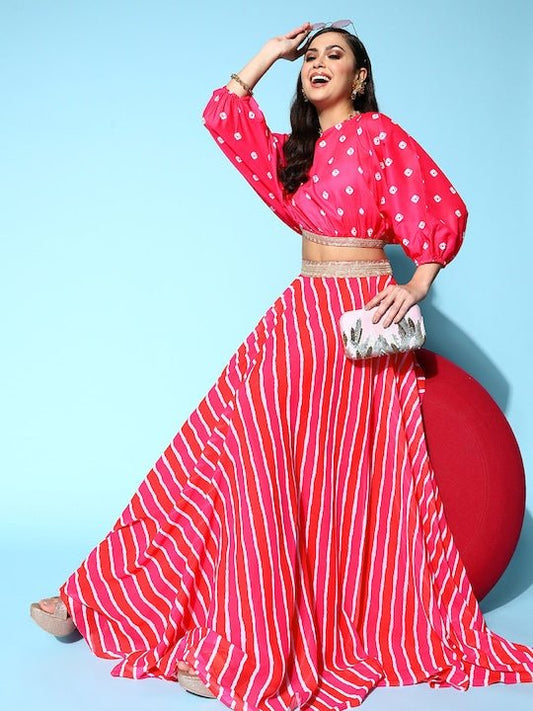 Women Printed Ruffles & Flounces Top With Skirt - Inddus.com