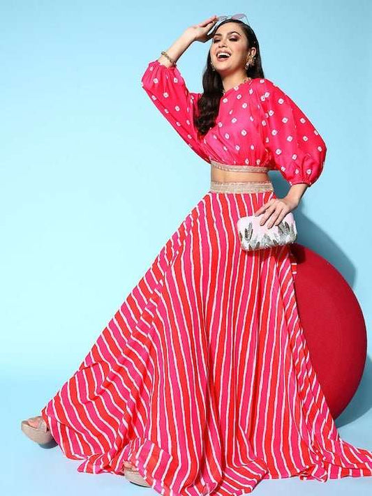 Women Printed Ruffles & Flounces Top With Skirt - Inddus.com