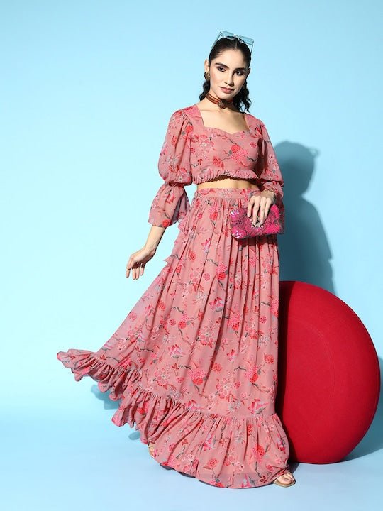 Women Printed Ruffles & Flounces Top With Skirt - Inddus.com