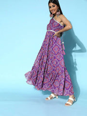 Women Purple Bandhani Printed One Shoulder Maxi Dress - Inddus.com