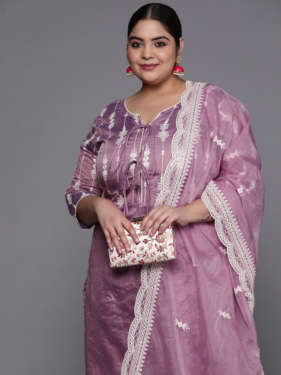 Women Purple Embroidered Chanderi Cotton Kurta with Trousers & Organza Dupatta - Inddus.com
