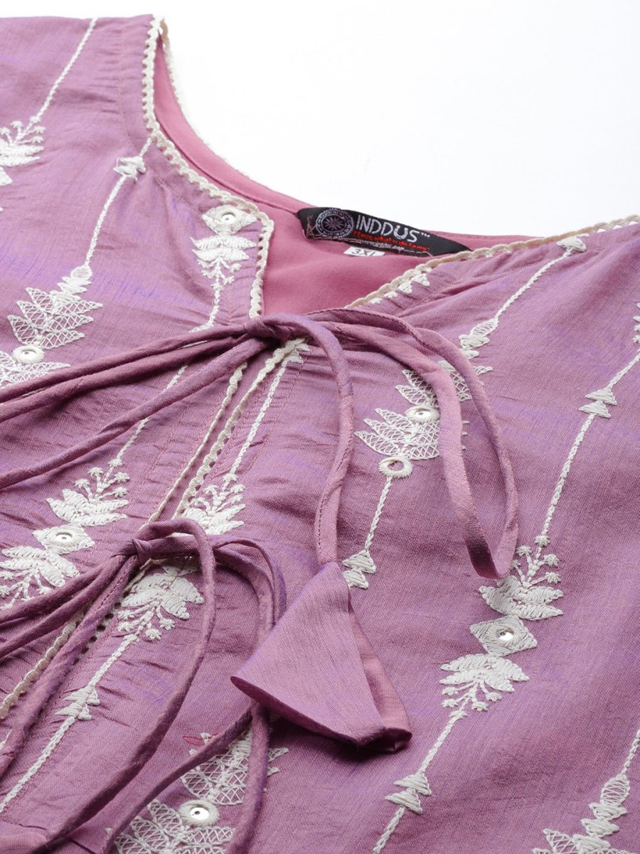 Women Purple Embroidered Chanderi Cotton Kurta with Trousers & Organza Dupatta - Inddus.com
