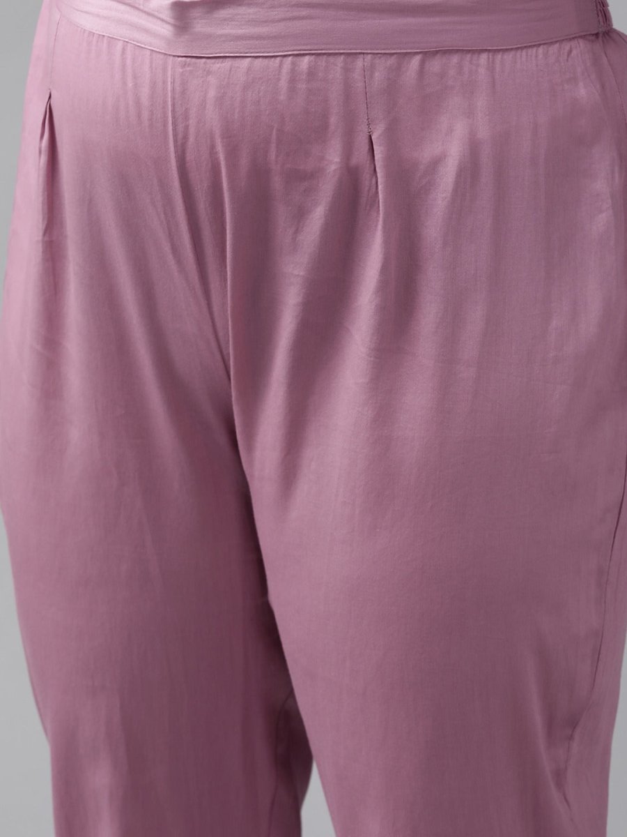 Women Purple Embroidered Chanderi Cotton Kurta with Trousers & Organza Dupatta - Inddus.com