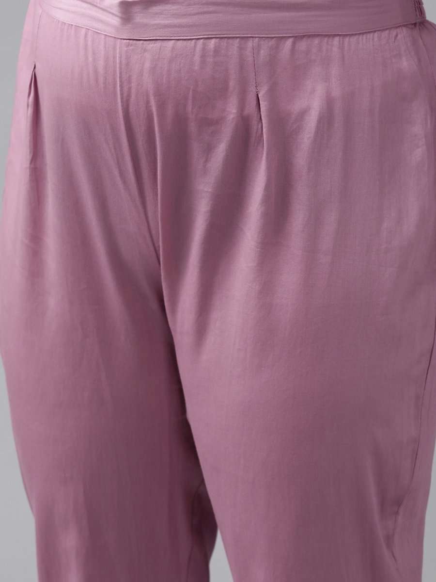 Women Purple Embroidered Chanderi Cotton Kurta with Trousers & Organza Dupatta - Inddus.com
