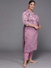 Women Purple Embroidered Chanderi Cotton Kurta with Trousers & Organza Dupatta - Inddus.com