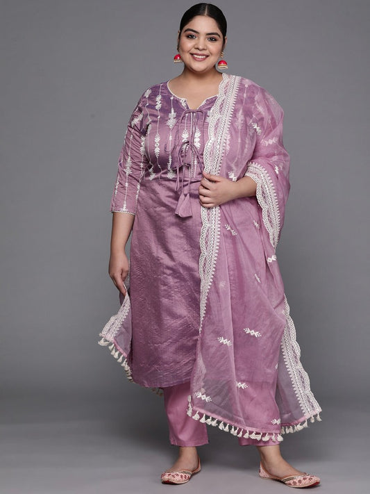 Women Purple Embroidered Chanderi Cotton Kurta with Trousers & Organza Dupatta - Inddus.com