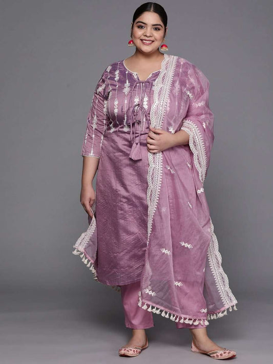 Women Purple Embroidered Chanderi Cotton Kurta with Trousers & Organza Dupatta - Inddus.com