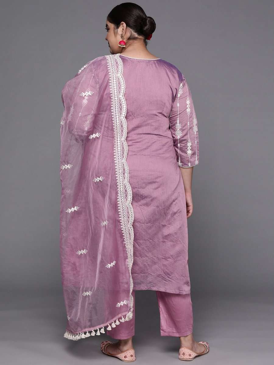 Women Purple Embroidered Chanderi Cotton Kurta with Trousers & Organza Dupatta - Inddus.com