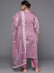 Women Purple Embroidered Chanderi Cotton Kurta with Trousers & Organza Dupatta - Inddus.com