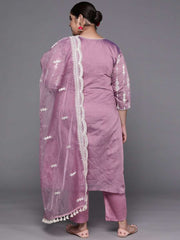 Women Purple Embroidered Chanderi Cotton Kurta with Trousers & Organza Dupatta - Inddus.com
