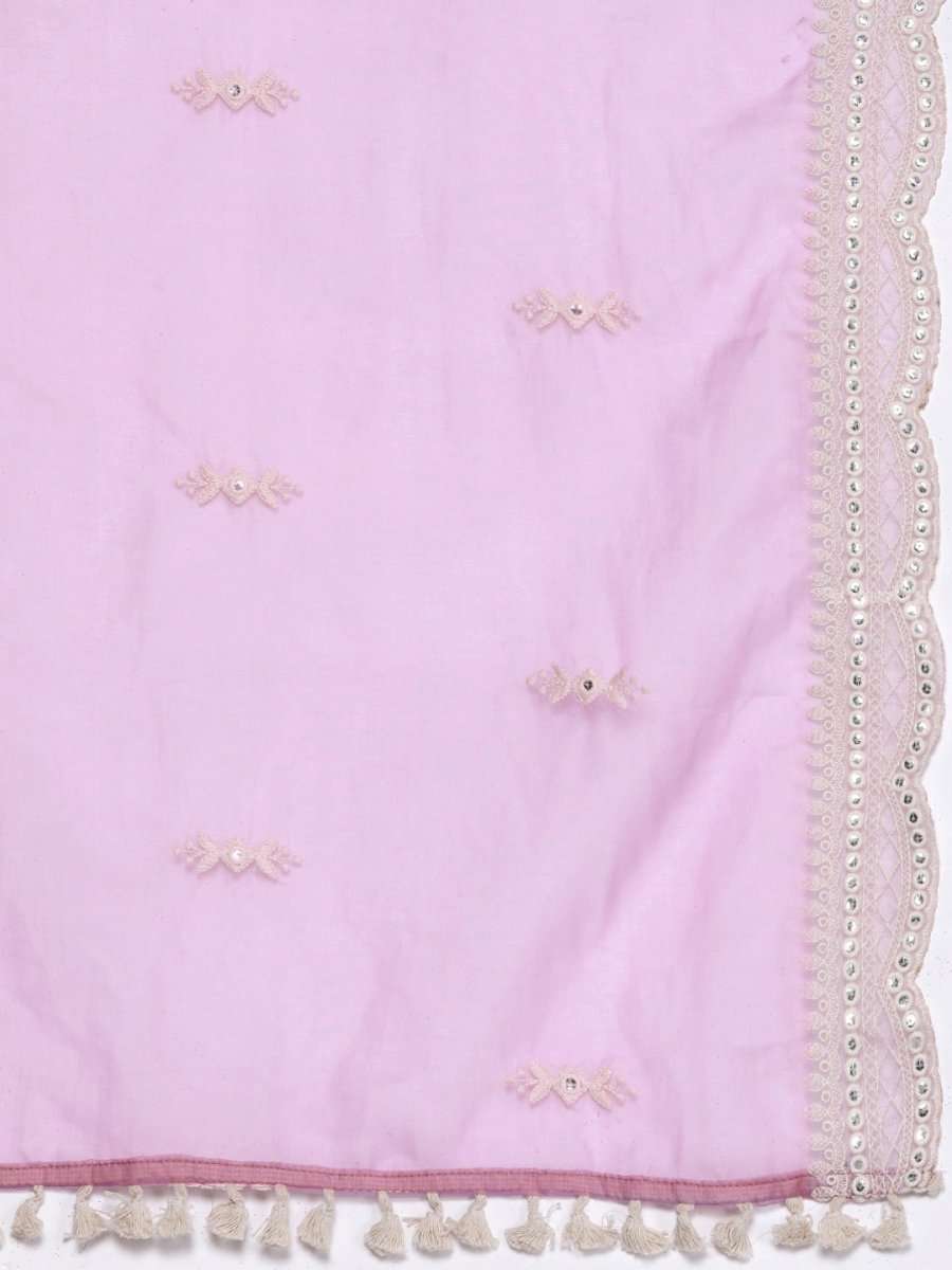 Women Purple Embroidered Chanderi Cotton Kurta with Trousers & Organza Dupatta - Inddus.com