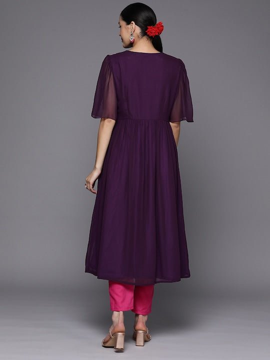 Women Purple Ethnic Motifs Embroidered Pleated Thread Work Kurta with Trousers - Inddus.com
