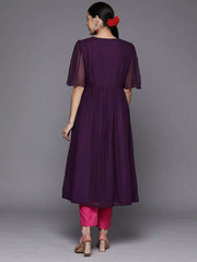 Women Purple Ethnic Motifs Embroidered Pleated Thread Work Kurta with Trousers - Inddus.com