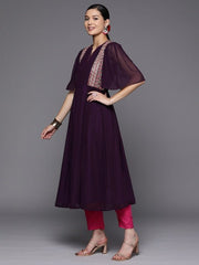 Women Purple Ethnic Motifs Embroidered Pleated Thread Work Kurta with Trousers - Inddus.com