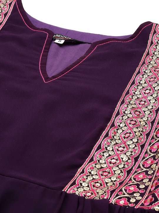 Women Purple Ethnic Motifs Embroidered Pleated Thread Work Kurta with Trousers - Inddus.com