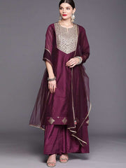 Women Purple Ethnic Motifs Yoke Design Panelled Zardozi Chanderi Cotton Kurta with Palazzos & With - Inddus.com