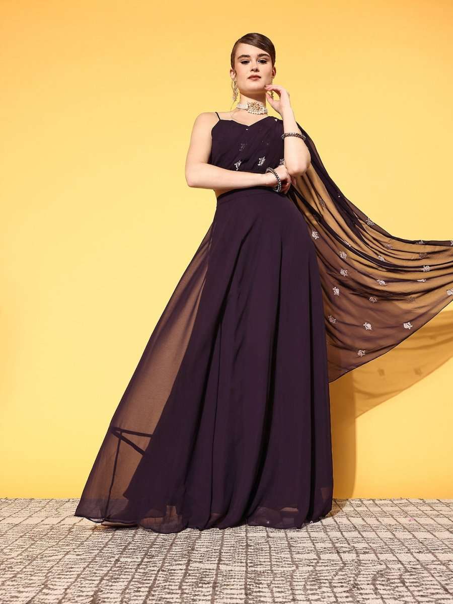 Women Purple Floral Embroidered Thread Work Top & Skirt - Inddus.com