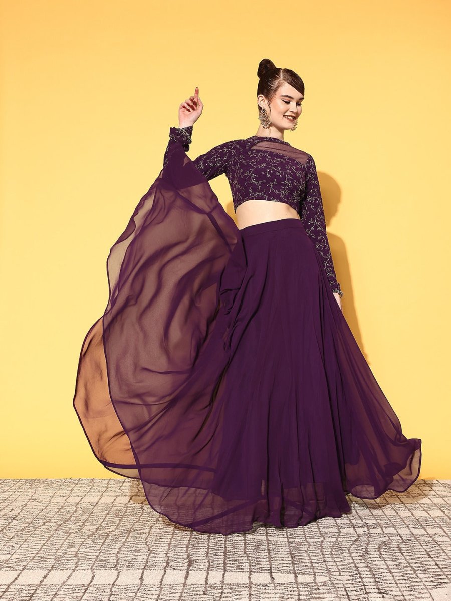 Women Purple Floral Embroidered Thread Work Top & Skirt - Inddus.com