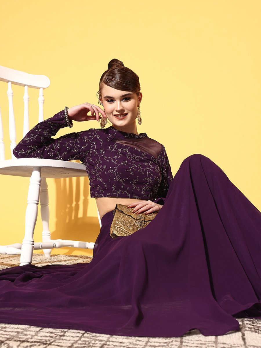Women Purple Floral Embroidered Thread Work Top & Skirt - Inddus.com