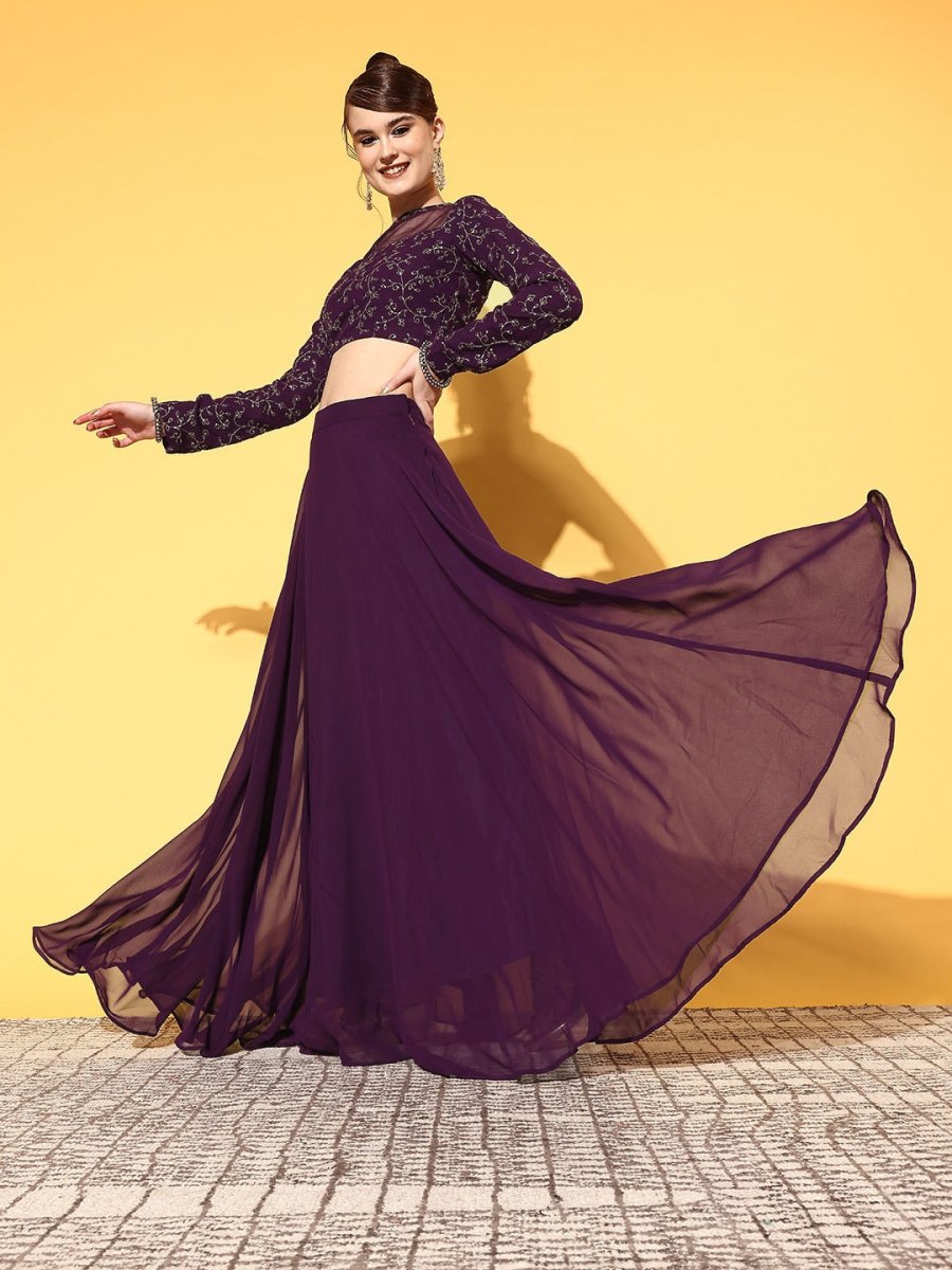 Women Purple Floral Embroidered Thread Work Top & Skirt - Inddus.com