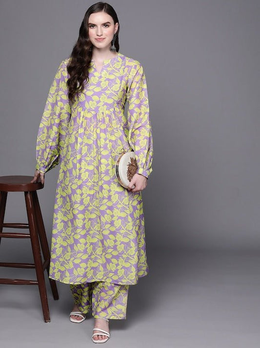 Women Purple Floral Printed Kurta with Trousers - Inddus.com